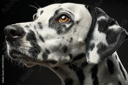 Dalmatian dog profile close up with black and white spotted fur and amber eye looking upward against black background, showing detailed texture and expression