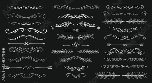 Large set of hand-drawn white chalk-style dividers, borders, and flourishes on a black chalkboard background for elegant design.