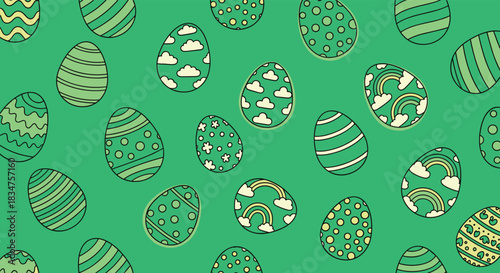 Seamless Easter pattern with hand-drawn green decorated eggs featuring stripes, dots, clouds, and rainbows on a solid green field.