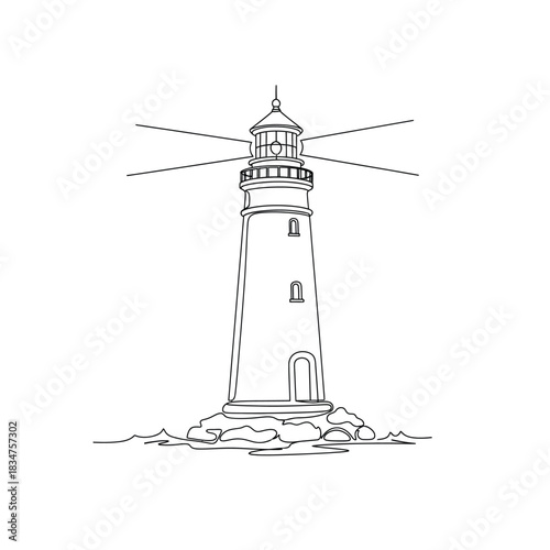 Classic lighthouse illustration standing tall on rocky shoreline