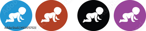 Four diverse circular icons featuring a white silhouette of a baby crawling on colored baby, crawling, icon