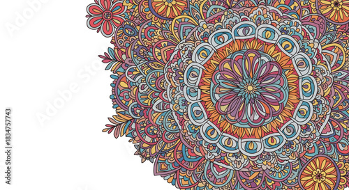 Colorful partial mandala design with intricate floral and geometric patterns, leaving ample white copy space on the left side.