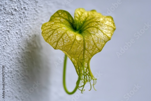 Close up of a delicate intricate bright green leaf with visible veins softly backlit