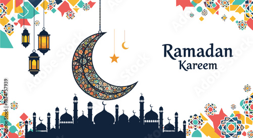 Festive Ramadan Kareem greeting card with a mosaic crescent moon, hanging lanterns, and a mosque silhouette on a white background.