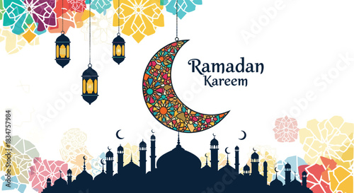 Colorful Ramadan Kareem greeting design featuring hanging lanterns, a mosaic crescent moon, and a mosque over an abstract background.
