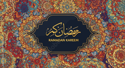 Ornate Ramadan Kareem greeting with Arabic calligraphy in a dark frame, set against a vibrant and detailed floral mandala pattern.