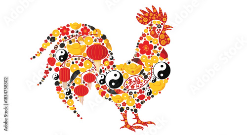 A rooster silhouette created from a collage of colorful Chinese New Year symbols like lanterns, coins, and yin-yang signs.