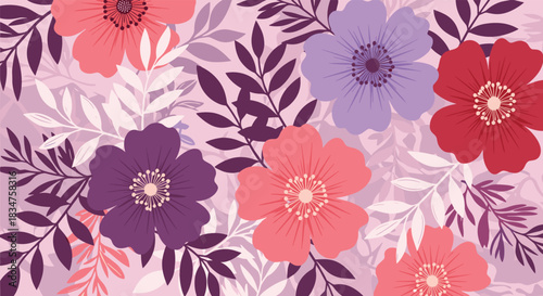 Beautiful floral pattern background with large pink, purple, and red flowers and leaves, creating an elegant and romantic texture.