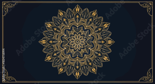 Luxurious golden mandala background with intricate floral patterns and an elegant vintage frame on a dark blue textured canvas.