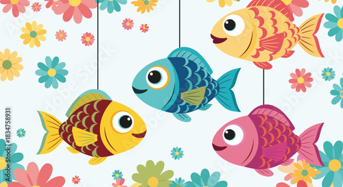 A cute and colorful illustration of four cartoon fish hanging like mobiles among a background of blooming spring flowers.