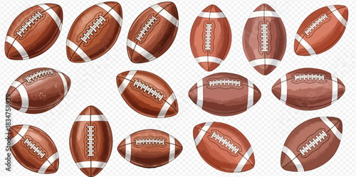 A collection of American footballs in different positions, featuring their classic brown leather texture and white laces against a transparent background.