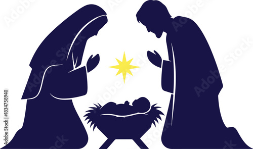 Silhouette of Mary and Joseph kneeling beside Jesus in a manger under a star