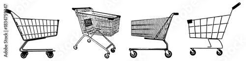 Set Trolley Shopping Cart Black and White Silhouette Vector Ideal for retail, commerce, store, and simple purchasing graphics. Symbolizes simple shopping, purchase, and market.
