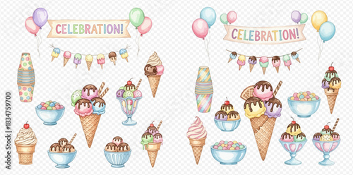 Adorable watercolor ice cream party set with cones, sundaes, and festive decor.