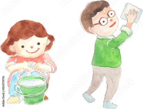 掃除をするお父さんと子どものイラスト　ベクター