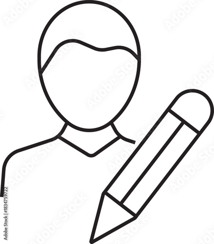 Simple line drawing of a person's bust next to a pencil, symbolizing writing or editing.