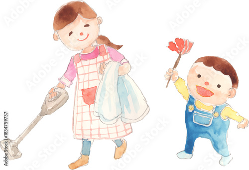 掃除をするお母さんと子どものイラスト　ベクター