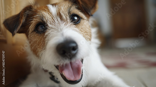Wallpaper Mural Happy dog close up with bright eyes and open mouth lying on floor indoors, showing joyful expression and friendly pet face in warm home environment Torontodigital.ca