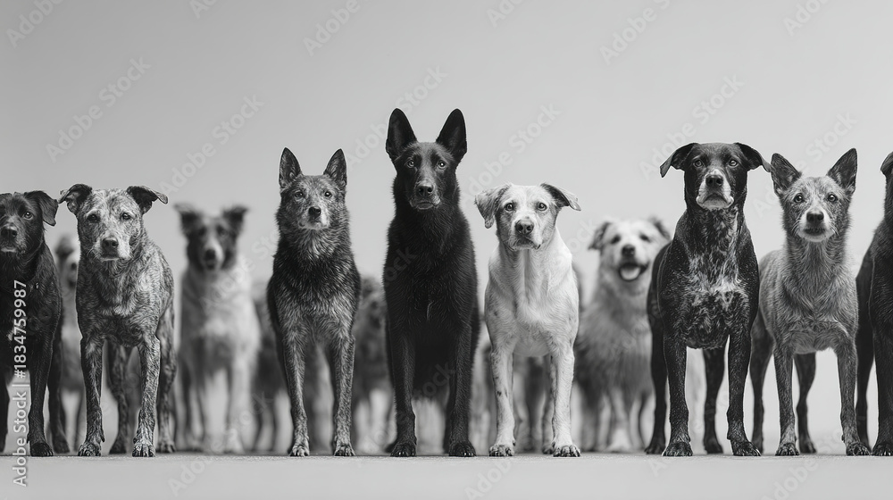 Obraz premium Black and white photo of dog lineup across frame with various breeds standing evenly spaced on bright seamless background, showing attentive and calm expressions