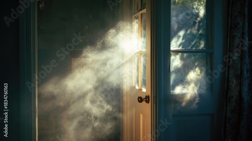 predictability. White smoke gently emerging from door and window cracks in morning light. real-estate listings, architecture portfolios, designed for interior renovation comparisons for interiors.
