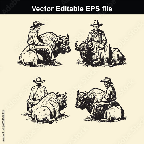 vector illustration set depicting four different poses of cowboys riding or sitting on resting american bison or buffalo in a vintage engraved style