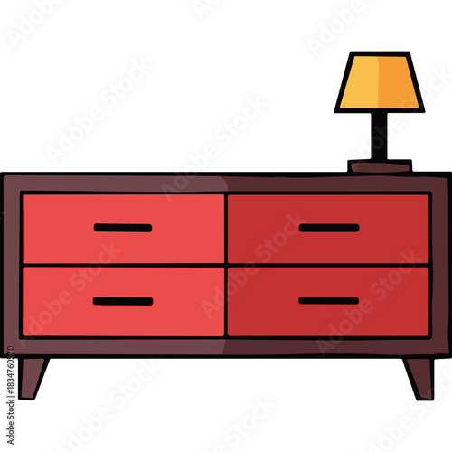 Flat illustration of a dark brown dresser with four red drawers and a small yellow lampshade on top on a black background