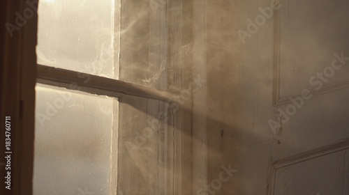predictability. White smoke gently emerging from door and window cracks in morning light. real-estate listings, architecture portfolios, designed for interior renovation comparisons for interiors.
