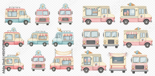 A collection of cute pastel watercolor ice cream food trucks in various styles and angles, perfect for sweet treats and summer fun.