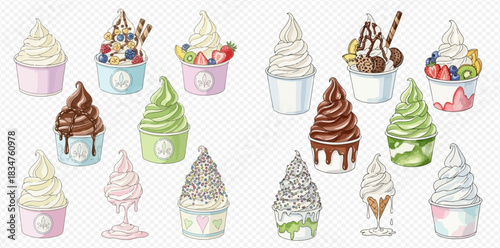 A vibrant collection of various soft-serve ice cream and frozen yogurt desserts in cups and cones, featuring different flavors and toppings.