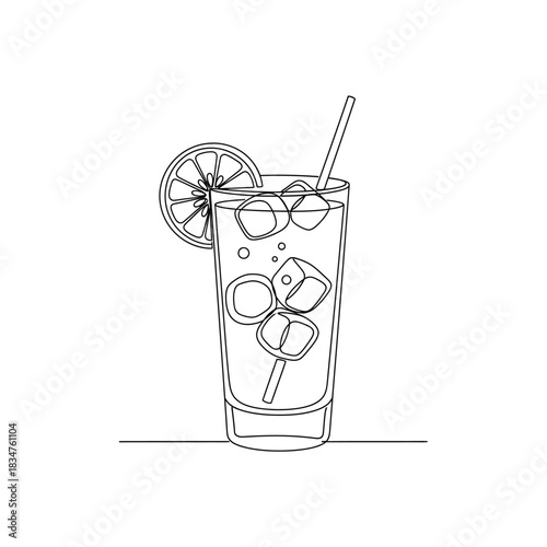 Hand drawn sketch of a refreshing tall drink with ice and lemon