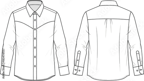 Men's Workwear Jacket Technical Flat Sketch Template with Zipper Front, Chest Pockets, Side Welts, and Sleeve Pocket Detail Vector Illustration.