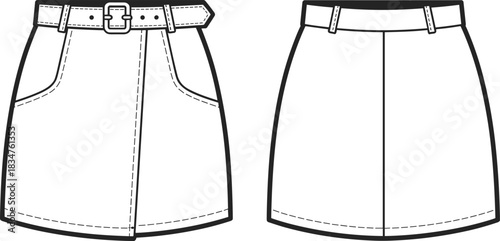 Technical flat sketch of belted skirt, front pocket center seam waistband detail design, fashion template, garment construction drawing, apparel illustration, vector outline