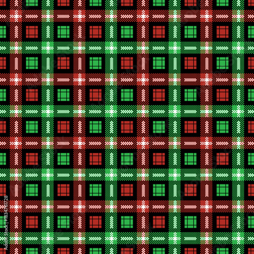bold, tightly woven plaid pattern set against a dark background, featuring prominent crisscrossing lines of festive red and bright emerald green, highlighted by fine white threads.