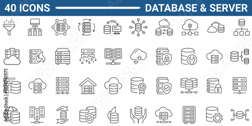 Database, server line icon set. Includes  server, data base, cloud, hosting, and data. Editable stroke. Vector illustration