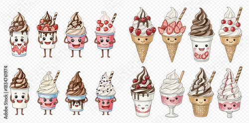 A collection of cute watercolor soft-serve ice cream illustrations with smiling faces and various toppings in cups and cones.