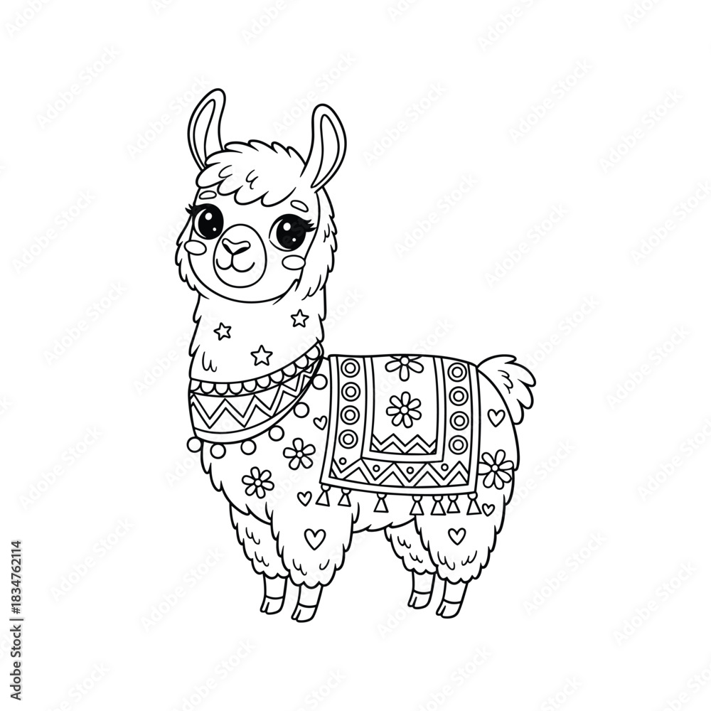 Fototapeta premium Cute cartoon llama with decorative blanket and floral patterns for coloring