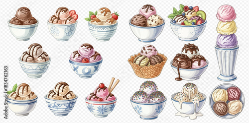 A delightful collection of watercolor illustrations showcasing various ice cream scoops in different bowls, cones, and a tall glass, featuring diverse toppings and flavors.