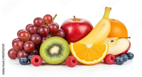 Fototapeta Naklejka Na Ścianę i Meble -  A colorful assortment of fruits including grapes, kiwi, apples, bananas, and oranges.