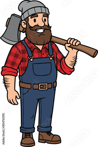 Bearded Man in Overalls and Plaid Shirt Holding Axe, Ideal for Woodworking Logo.