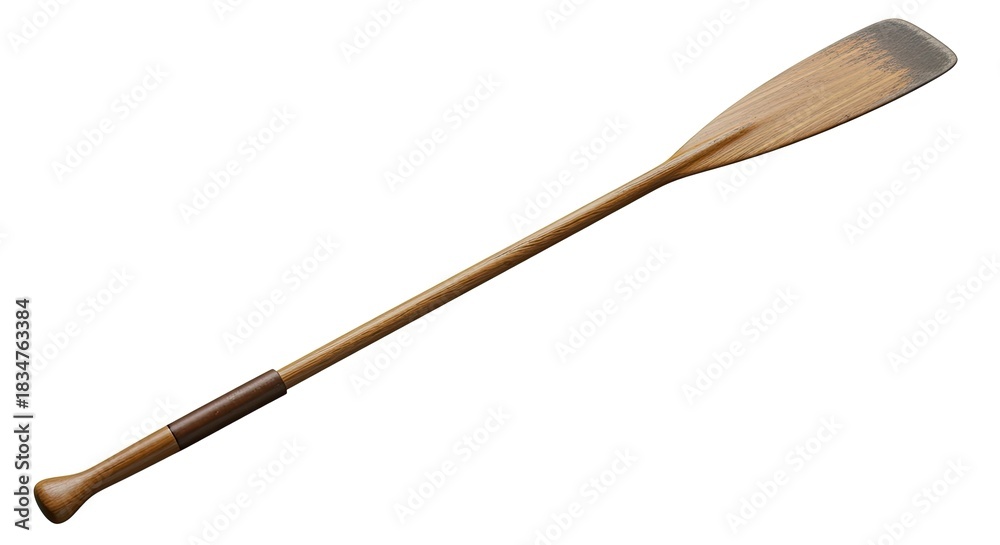 Fototapeta premium A wooden paddle with a brown handle and a wooden shaft, lying horizontally on a white background.