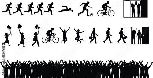 Diverse activity silhouettes set running, jumping, swimming, celebrating, lifestyle, sport, freedom, movement, happy people vector illustration for health.