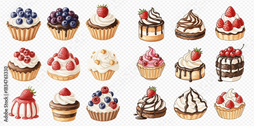 A delightful assortment of watercolor cupcakes with various fruit and chocolate toppings, perfect for dessert illustrations.