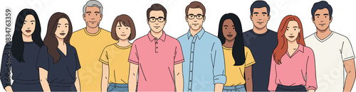 Diverse group of smiling business people standing in line, mixed age, various ethnicity, teamwork, portrait, vector illustration for corporate unity.