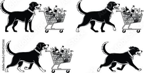 Dog pulling full shopping cart silhouette set, pet assistance, grocery shopping, animal helper, funny domestic scene, black vector illustration.