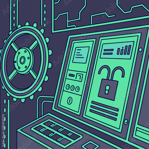 Server security illustration with vault door and unlocked padlock icon