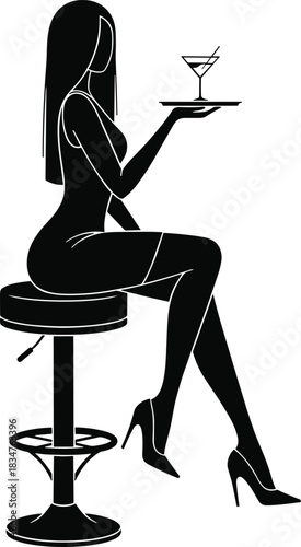 Elegant waitress silhouette on bar stool serving martini, sexy woman in high heels, nightlife, cocktail party, black vector illustration.