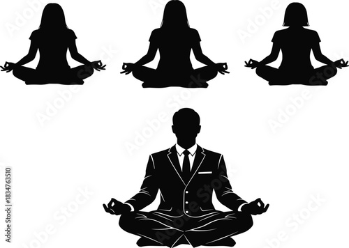 Meditation silhouette set of businessman in suit and women practicing yoga lotus pose vector illustration.