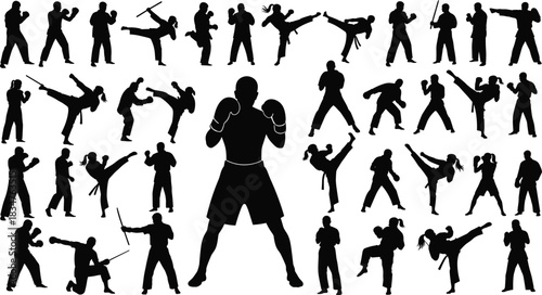 Martial Arts Silhouettes Set of Fighters Performing Karate Boxing and Kickboxing Moves Vector Illustration