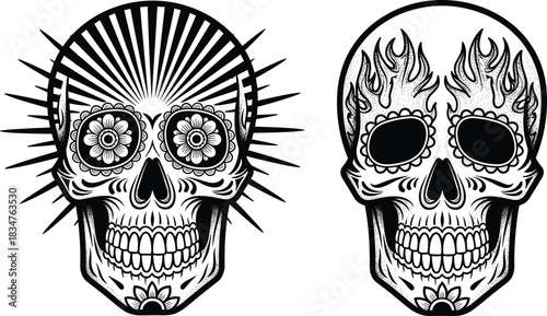 Mexican Sugar Skull Vector Illustration Set Featuring Floral Sunburst and Flame Tattoo Designs in Black and White