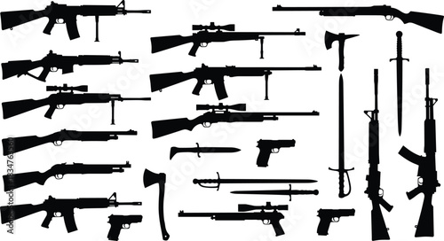 Military Weapons Silhouettes Set of Guns Rifles Swords Knives and Axes Vector Illustration
